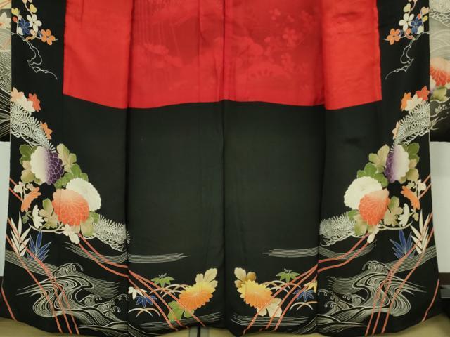 平和屋着物●極上　アンティーク　大正ロマン　振袖　駒刺繍　御所車　花薬玉　黒地　暈し染め　金彩　逸品　DZAB2484kh6