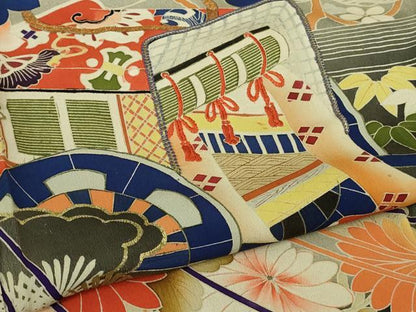 平和屋着物●極上　アンティーク　大正ロマン　振袖　駒刺繍　御所車　花薬玉　黒地　暈し染め　金彩　逸品　DZAB2484kh6
