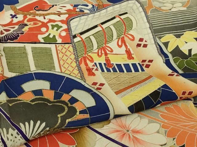 平和屋着物●極上　アンティーク　大正ロマン　振袖　駒刺繍　御所車　花薬玉　黒地　暈し染め　金彩　逸品　DZAB2484kh6