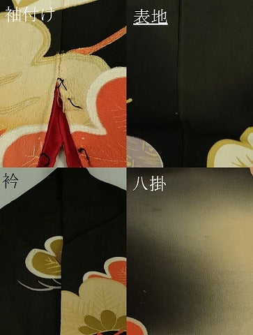 平和屋着物●極上　アンティーク　大正ロマン　振袖　駒刺繍　御所車松文　黒地　暈し染め　金糸　逸品　DZAB2485kh6