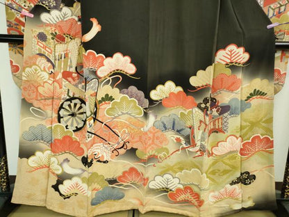 平和屋着物●極上　アンティーク　大正ロマン　振袖　駒刺繍　御所車松文　黒地　暈し染め　金糸　逸品　DZAB2485kh6