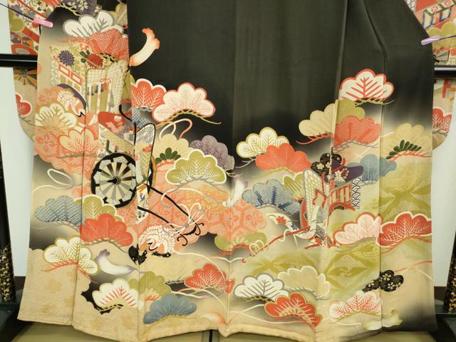平和屋着物●極上　アンティーク　大正ロマン　振袖　駒刺繍　御所車松文　黒地　暈し染め　金糸　逸品　DZAB2485kh6
