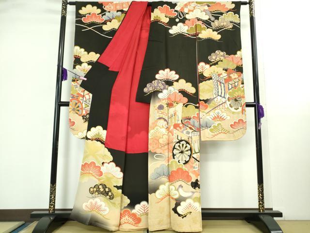 平和屋着物●極上　アンティーク　大正ロマン　振袖　駒刺繍　御所車松文　黒地　暈し染め　金糸　逸品　DZAB2485kh6