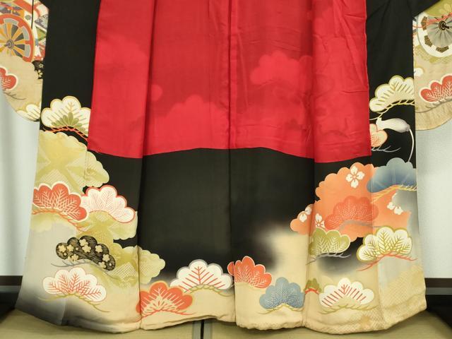 平和屋着物●極上　アンティーク　大正ロマン　振袖　駒刺繍　御所車松文　黒地　暈し染め　金糸　逸品　DZAB2485kh6