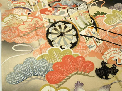 平和屋着物●極上　アンティーク　大正ロマン　振袖　駒刺繍　御所車松文　黒地　暈し染め　金糸　逸品　DZAB2485kh6