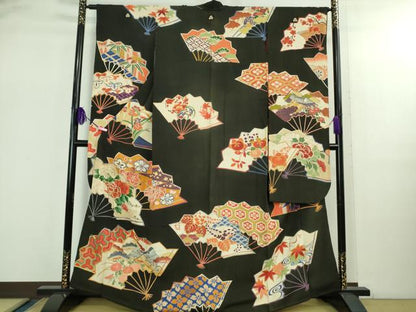 平和屋着物●極上　アンティーク　大正ロマン　振袖　駒刺繍　扇面吉祥花文　黒地　金銀糸　逸品　DZAB2486kh6