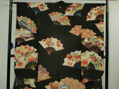 平和屋着物●極上　アンティーク　大正ロマン　振袖　駒刺繍　扇面吉祥花文　黒地　金銀糸　逸品　DZAB2486kh6