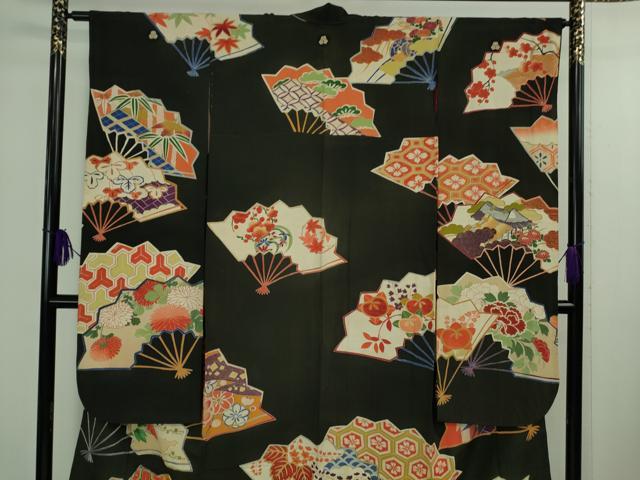 平和屋着物●極上　アンティーク　大正ロマン　振袖　駒刺繍　扇面吉祥花文　黒地　金銀糸　逸品　DZAB2486kh6