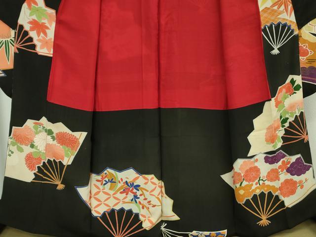 平和屋着物●極上　アンティーク　大正ロマン　振袖　駒刺繍　扇面吉祥花文　黒地　金銀糸　逸品　DZAB2486kh6