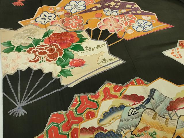 平和屋着物●極上　アンティーク　大正ロマン　振袖　駒刺繍　扇面吉祥花文　黒地　金銀糸　逸品　DZAB2486kh6