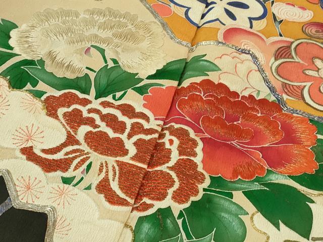 平和屋着物●極上　アンティーク　大正ロマン　振袖　駒刺繍　扇面吉祥花文　黒地　金銀糸　逸品　DZAB2486kh6