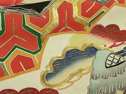 平和屋着物●極上　アンティーク　大正ロマン　振袖　駒刺繍　扇面吉祥花文　黒地　金銀糸　逸品　DZAB2486kh6