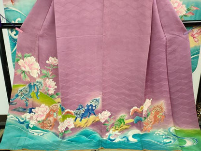 平和屋本店●極上　アンティーク　大正ロマン　振袖　手描き　唐獅子　暈し染め　金彩　逸品　DZAB2487kh6