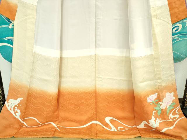 平和屋本店●極上　アンティーク　大正ロマン　振袖　手描き　唐獅子　暈し染め　金彩　逸品　DZAB2487kh6