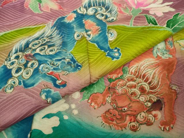 平和屋本店●極上　アンティーク　大正ロマン　振袖　手描き　唐獅子　暈し染め　金彩　逸品　DZAB2487kh6