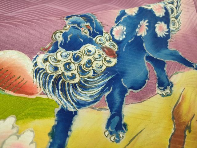 平和屋本店●極上　アンティーク　大正ロマン　振袖　手描き　唐獅子　暈し染め　金彩　逸品　DZAB2487kh6