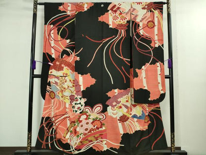 平和屋着物●極上　アンティーク　大正ロマン　振袖　檜扇花文　黒地　金彩　逸品　DZAB2489kh6