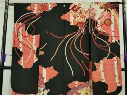 平和屋着物●極上　アンティーク　大正ロマン　振袖　檜扇花文　黒地　金彩　逸品　DZAB2489kh6
