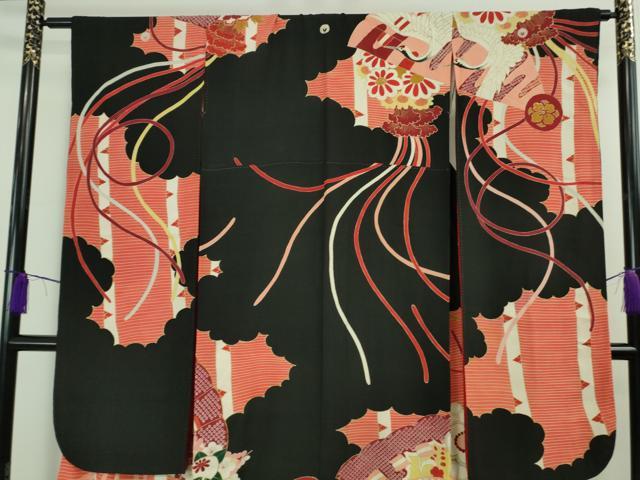 平和屋着物●極上　アンティーク　大正ロマン　振袖　檜扇花文　黒地　金彩　逸品　DZAB2489kh6