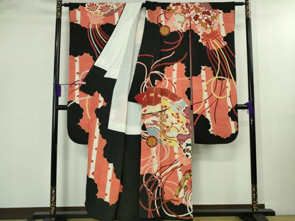 平和屋着物●極上　アンティーク　大正ロマン　振袖　檜扇花文　黒地　金彩　逸品　DZAB2489kh6