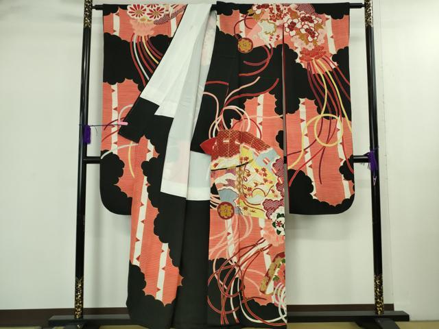 平和屋着物●極上　アンティーク　大正ロマン　振袖　檜扇花文　黒地　金彩　逸品　DZAB2489kh6