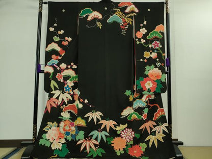 平和屋着物●極上　アンティーク　大正ロマン　振袖　駒刺繍　松笹花文　黒地　逸品　DZAB2491kh6