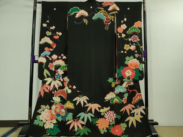 平和屋着物●極上　アンティーク　大正ロマン　振袖　駒刺繍　松笹花文　黒地　逸品　DZAB2491kh6