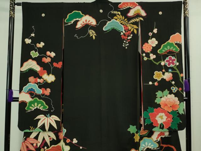 平和屋着物●極上　アンティーク　大正ロマン　振袖　駒刺繍　松笹花文　黒地　逸品　DZAB2491kh6