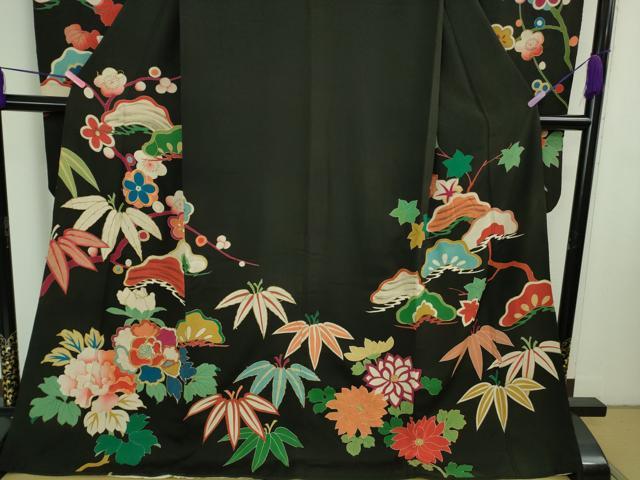 平和屋着物●極上　アンティーク　大正ロマン　振袖　駒刺繍　松笹花文　黒地　逸品　DZAB2491kh6