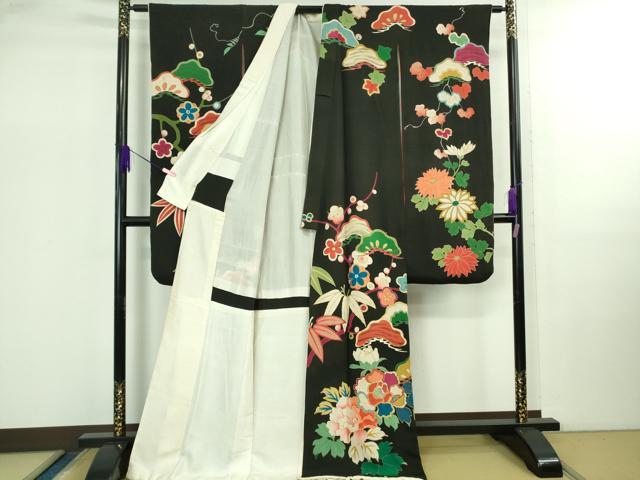 平和屋着物●極上　アンティーク　大正ロマン　振袖　駒刺繍　松笹花文　黒地　逸品　DZAB2491kh6