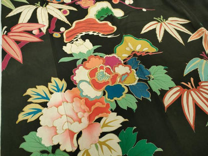平和屋着物●極上　アンティーク　大正ロマン　振袖　駒刺繍　松笹花文　黒地　逸品　DZAB2491kh6