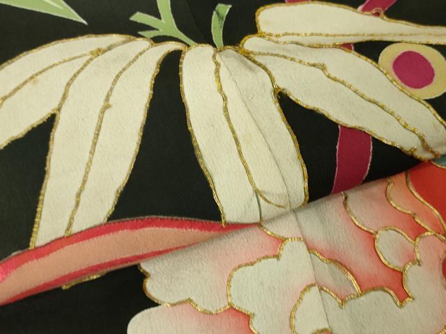 平和屋着物●極上　アンティーク　大正ロマン　振袖　駒刺繍　松笹花文　黒地　逸品　DZAB2491kh6