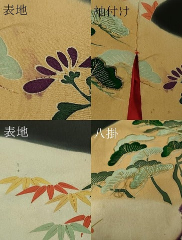 平和屋着物●極上　アンティーク　大正ロマン　振袖　刺繍　吉祥花文　黒地　金彩　逸品　DZAB2492kh6