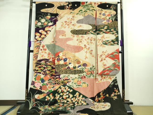 平和屋着物●極上　アンティーク　大正ロマン　振袖　刺繍　吉祥花文　黒地　金彩　逸品　DZAB2492kh6
