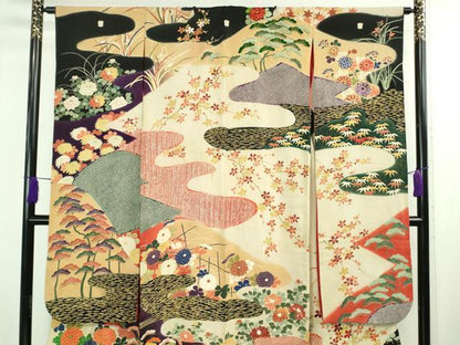 平和屋着物●極上　アンティーク　大正ロマン　振袖　刺繍　吉祥花文　黒地　金彩　逸品　DZAB2492kh6