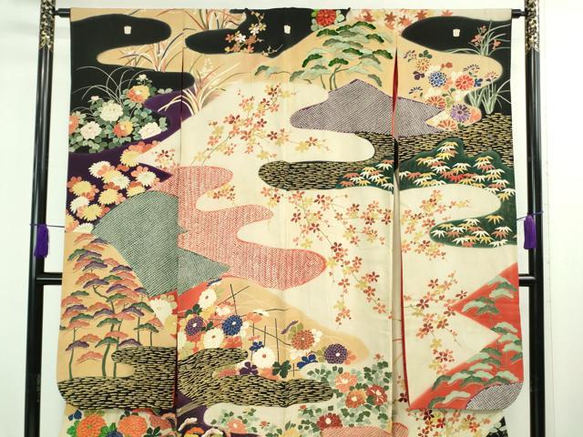 平和屋着物●極上　アンティーク　大正ロマン　振袖　刺繍　吉祥花文　黒地　金彩　逸品　DZAB2492kh6
