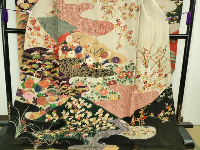 平和屋着物●極上　アンティーク　大正ロマン　振袖　刺繍　吉祥花文　黒地　金彩　逸品　DZAB2492kh6