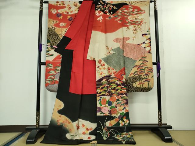 平和屋着物●極上　アンティーク　大正ロマン　振袖　刺繍　吉祥花文　黒地　金彩　逸品　DZAB2492kh6