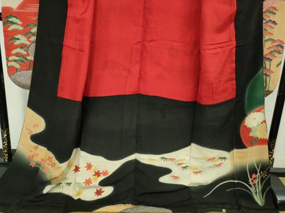 平和屋着物●極上　アンティーク　大正ロマン　振袖　刺繍　吉祥花文　黒地　金彩　逸品　DZAB2492kh6