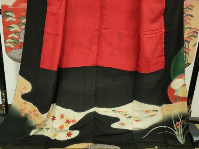 平和屋着物●極上　アンティーク　大正ロマン　振袖　刺繍　吉祥花文　黒地　金彩　逸品　DZAB2492kh6