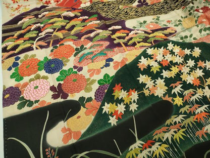 平和屋着物●極上　アンティーク　大正ロマン　振袖　刺繍　吉祥花文　黒地　金彩　逸品　DZAB2492kh6