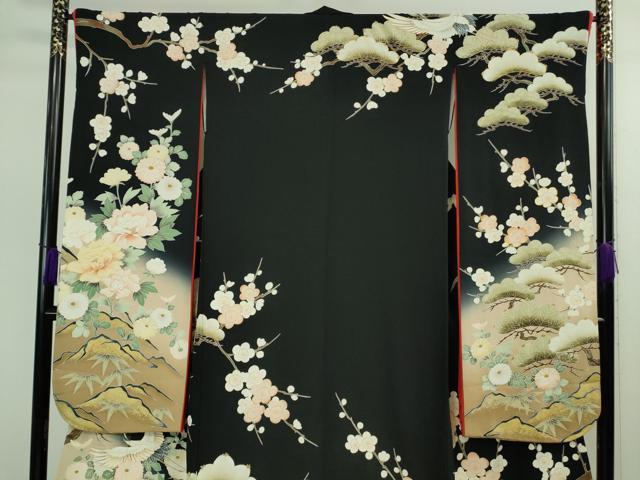 平和屋本店●極上　お引きずり・お引き摺り・引き振袖 和装　結婚式　舞妓　芸妓　芸者　吉祥花文　駒刺繍　黒地　金彩　逸品　DZAB2494kh6