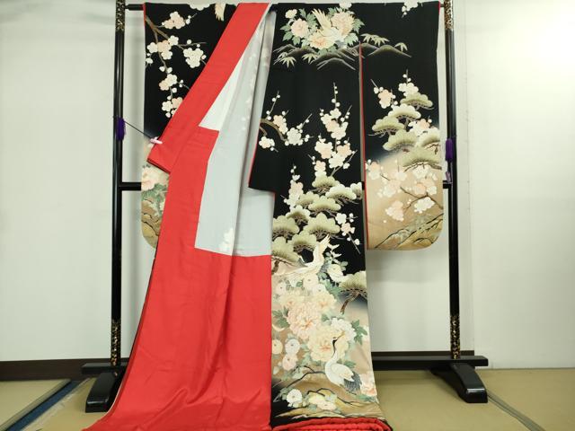 平和屋本店●極上　お引きずり・お引き摺り・引き振袖 和装　結婚式　舞妓　芸妓　芸者　吉祥花文　駒刺繍　黒地　金彩　逸品　DZAB2494kh6