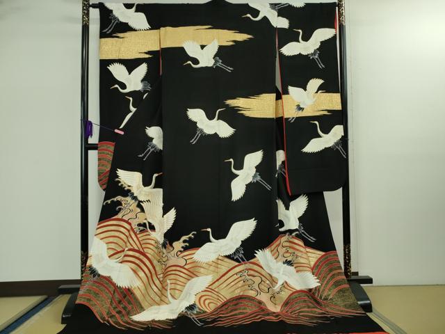 平和屋本店●極上　お引きずり・お引き摺り・引き振袖　和装　結婚式　舞妓　芸妓　芸者　駒刺繍　飛鶴文　黒地　金彩　逸品　DZAB2495kh6