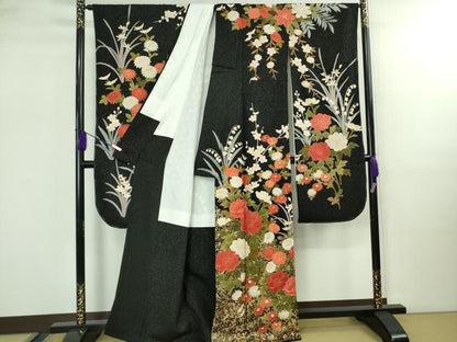 平和屋本店●極上　中国三大刺繍　スワトウ刺繍　汕頭刺繍　振袖　草花文　黒地　金糸　銀通し地　逸品　DZAB2497kh6