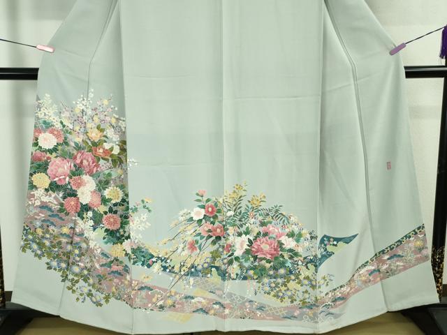 平和屋着物●極上　十日町友禅作家　阿部佳雪　色留袖　鬘帯花文　秘色色地　逸品　未使用　DZAB2516kh6