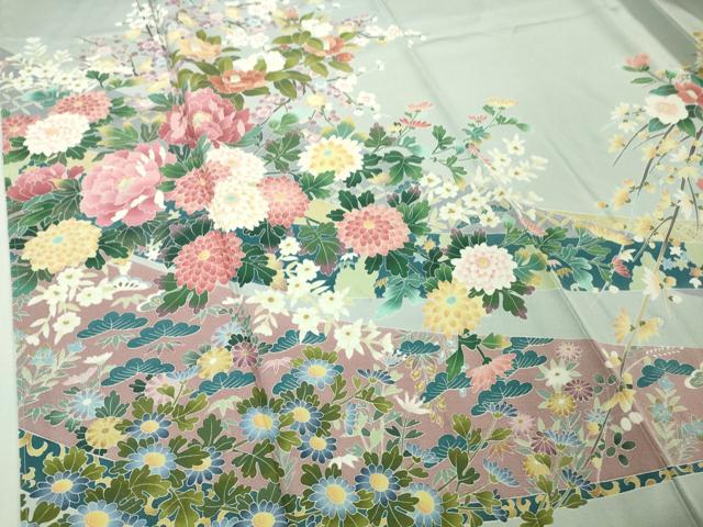 平和屋着物●極上　十日町友禅作家　阿部佳雪　色留袖　鬘帯花文　秘色色地　逸品　未使用　DZAB2516kh6