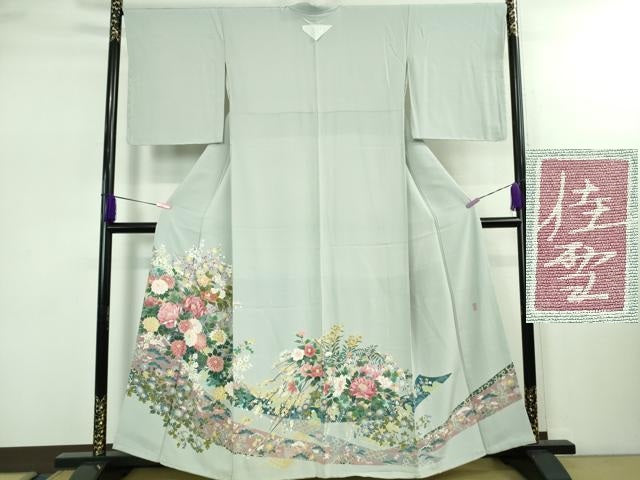 平和屋着物●極上　十日町友禅作家　阿部佳雪　色留袖　鬘帯花文　秘色色地　逸品　未使用　DZAB2516kh6