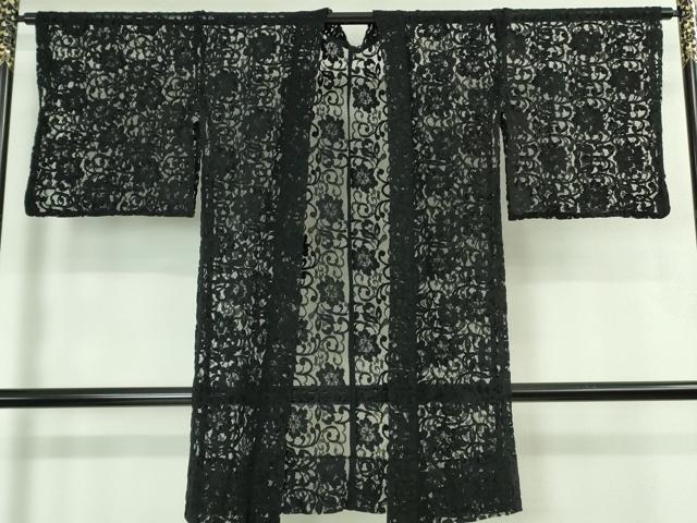 平和屋着物▽極上　長羽織　スリーシーズン　春夏秋　塵除け　レース　花唐草文　黒地　逸品　DZAB2517kh6