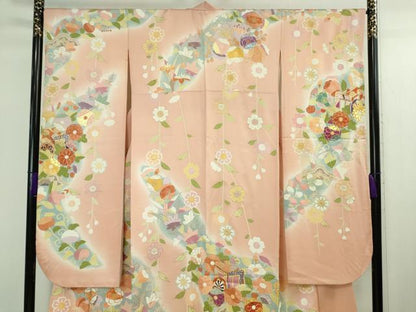 平和屋本店●極上　創業460年・千總　振袖　駒刺繍　御所車吉祥花文　虹色地　暈し染め　金彩　伊勢丹扱い　逸品　DZAB2526kh6